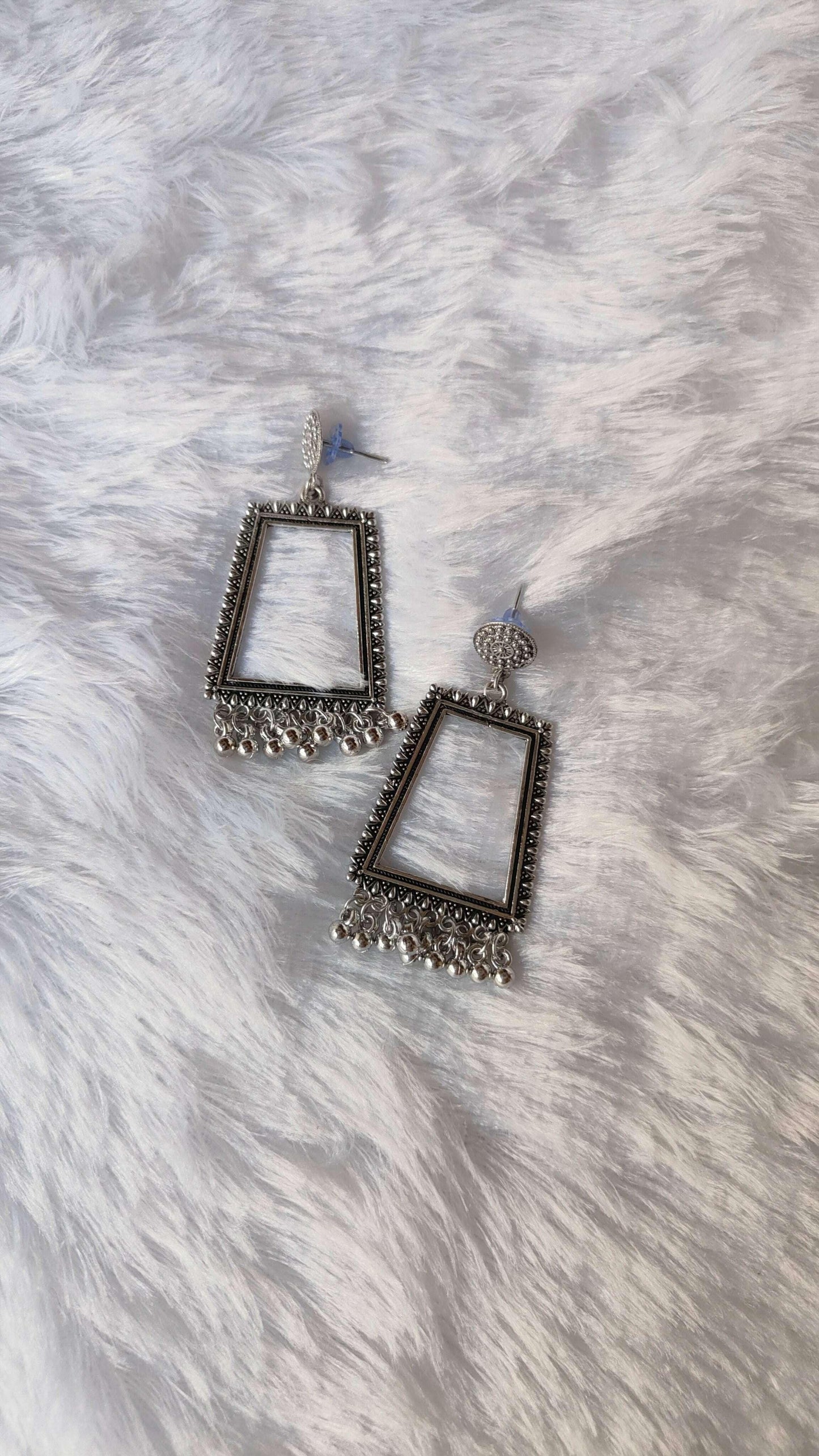 Pair of silver square jhumka earrings with textured top and bead fringe