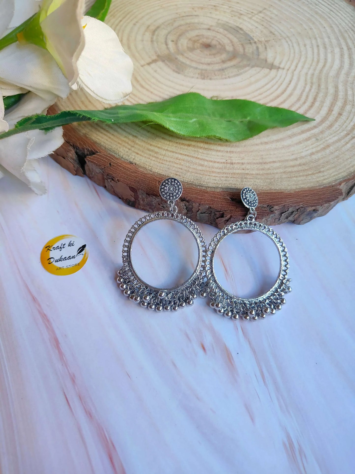 Silver beadless jhumka earrings, round filigree hoops with dangling fringe