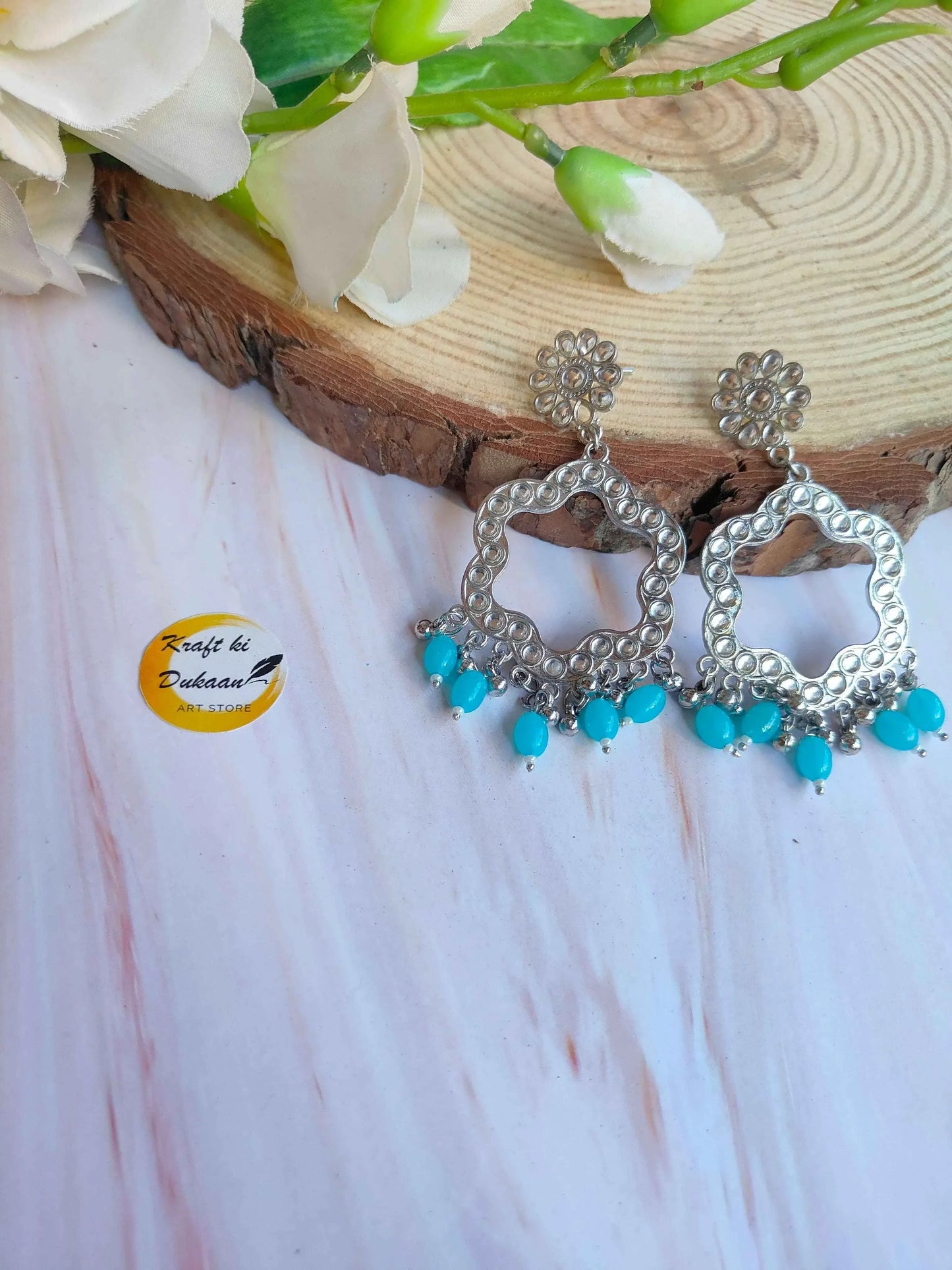 Silver Jhumka with Beads C8—silver circular hoops with dangling blue beads