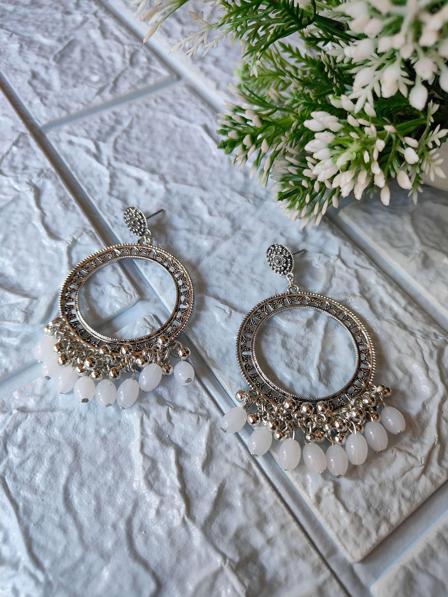 Silver Jhumka with Beads A23: silver-toned hoop earrings with white bead fringe