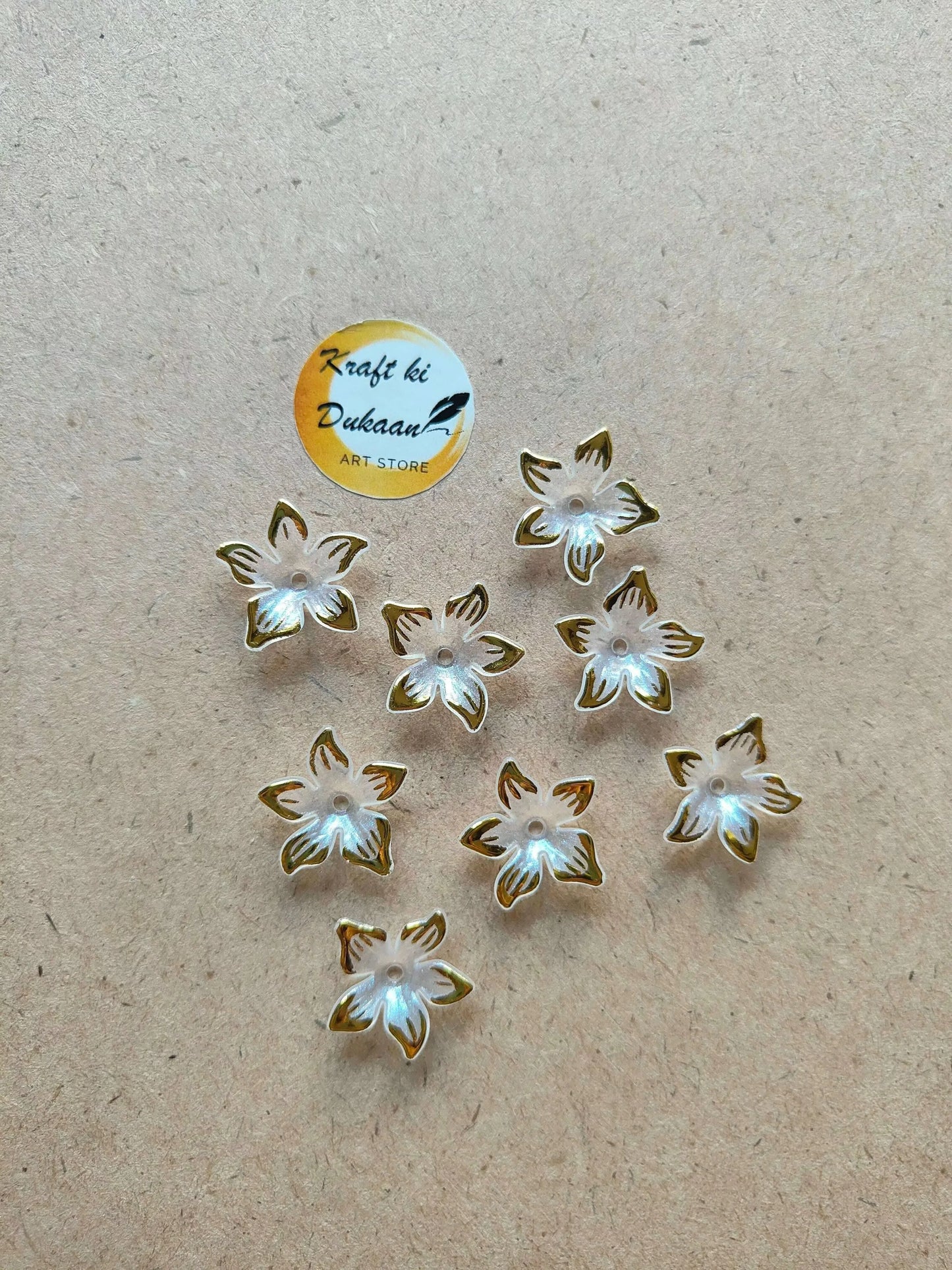 Star flower beads: white iridescent petals on gold backs, pack of 50
