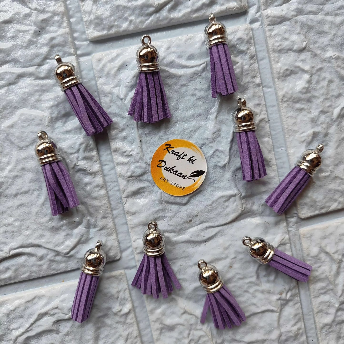 Silver leather tassel charm: deep purple tassels, silver cap and hanging loop