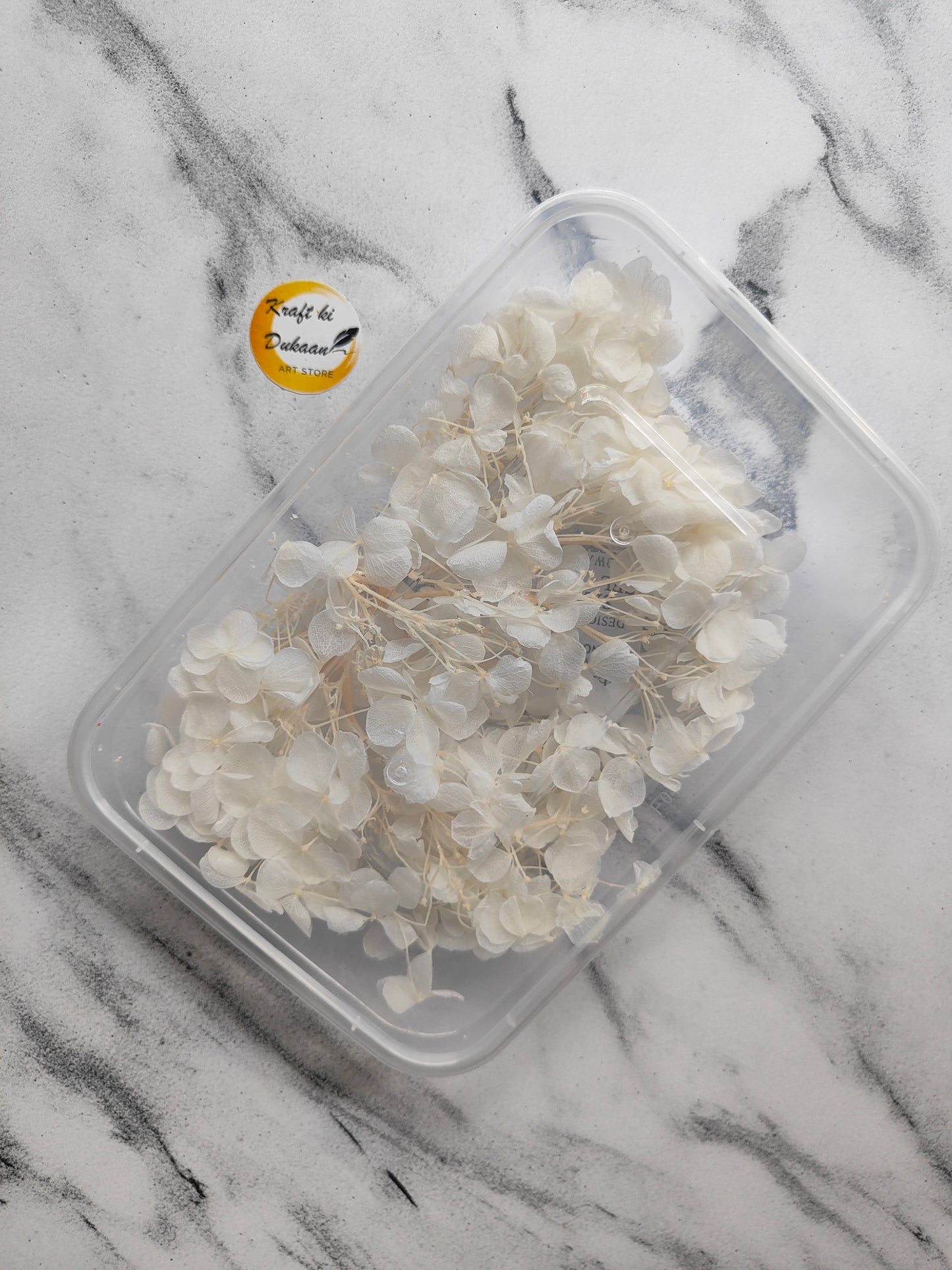 White hydrangea dry flower box featuring delicate dried flowers in a clear plastic container