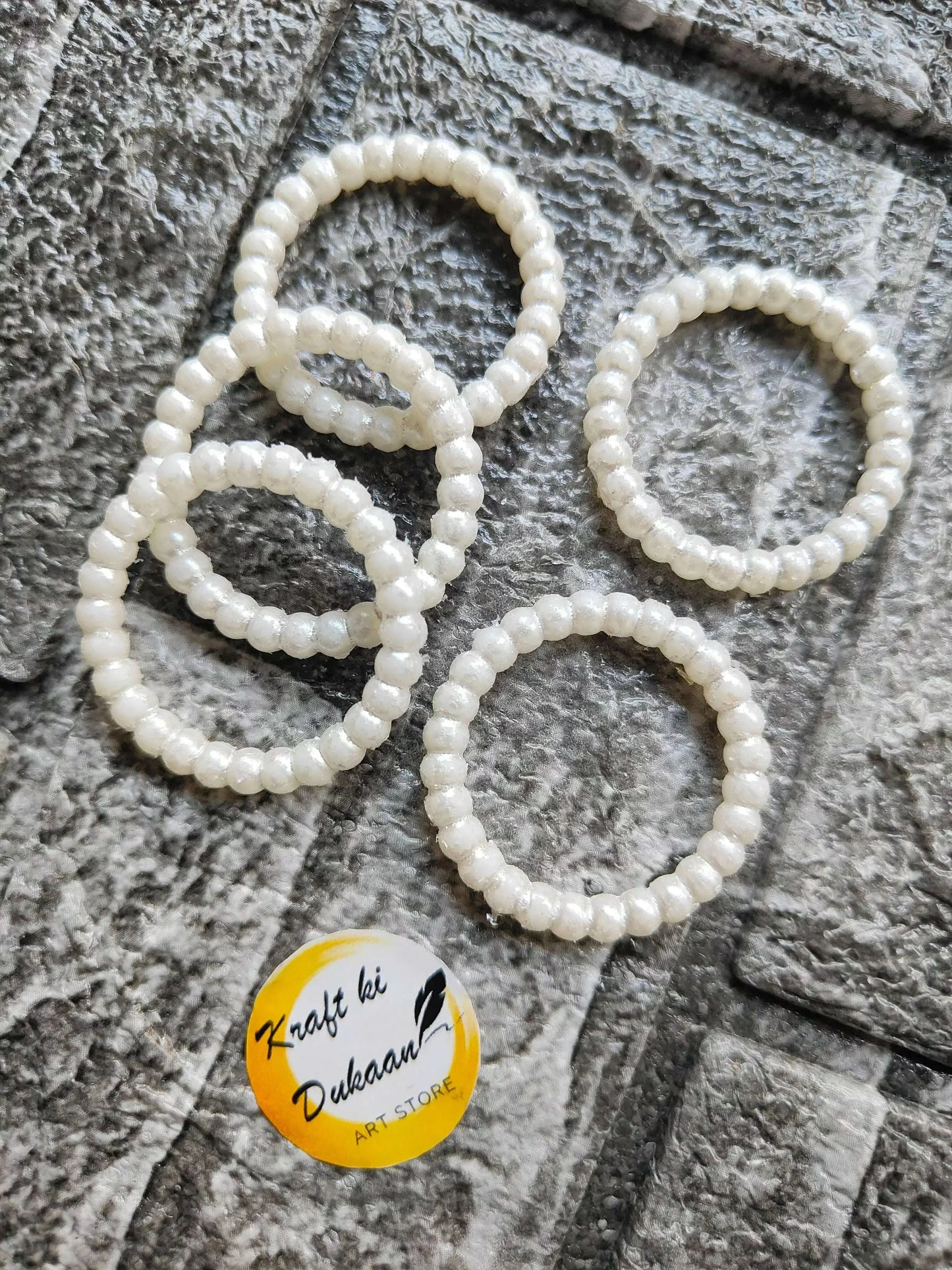 White pearl bead ring set, 4 round rings with smooth pearl bead loops