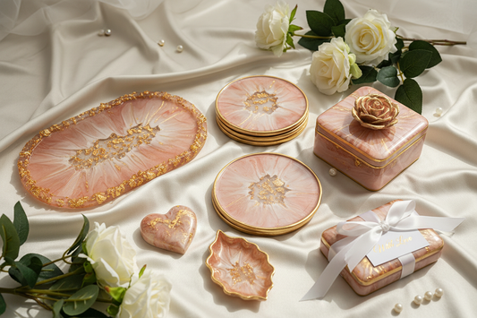 Elegant resin art wedding gift ideas including decorative trays and coasters with floral designs