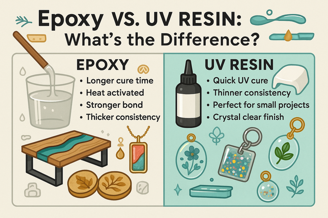 Infographic comparing epoxy vs UV resin comparison with details on cure time and project uses