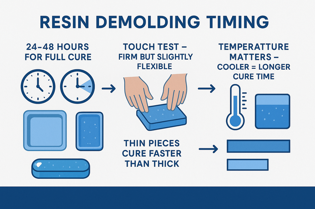 Infographic on how long to wait before demolding resin, showing cure times and tips for resin projects