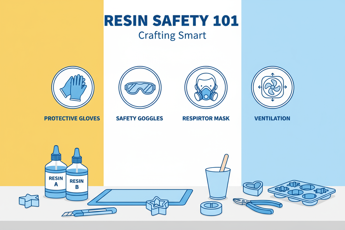 Graphic on resin safety tips for beginners highlighting protective gear and workspace safety