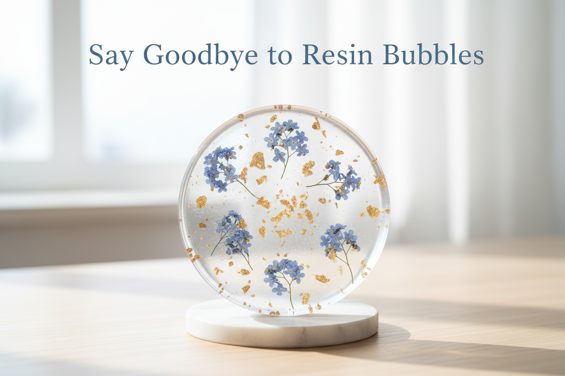 A beautiful resin art piece with flowers and gold, illustrating how to remove bubbles from resin art