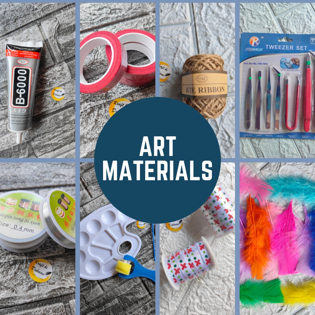 High-quality art materials shop featuring glue, tape, ribbons, and various crafting tools