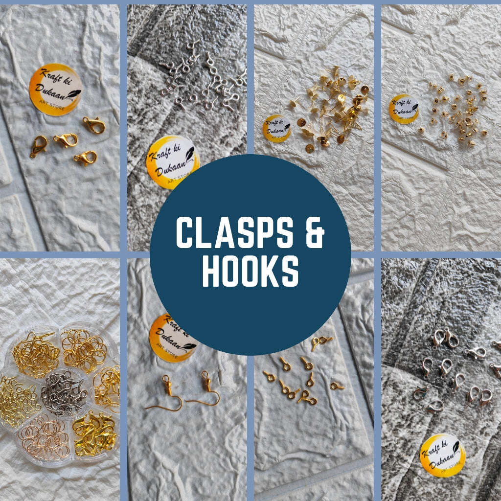 Variety of clasps and hooks including resin clasps for crafts showcased on a textured background