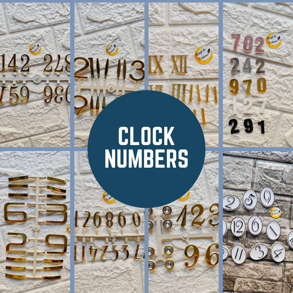 Artistic clock numerals displayed in various styles and designs for unique timepiece customization