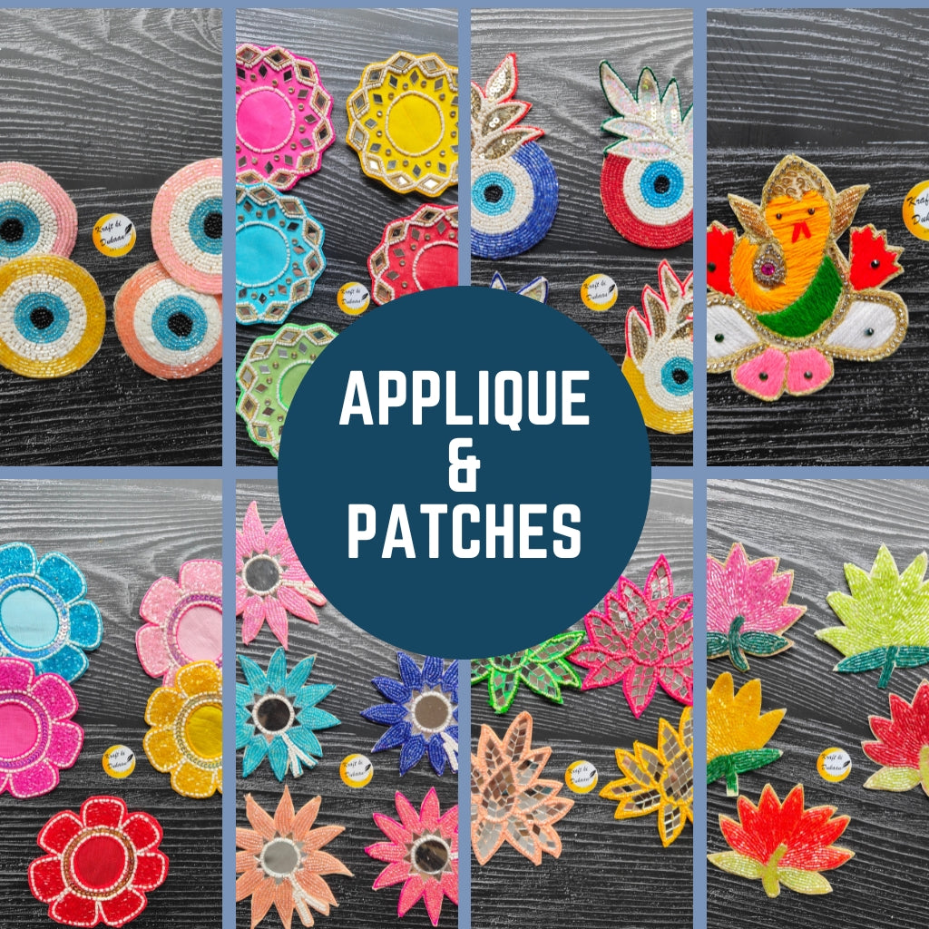 Colorful collection of applique patches for crafts featuring various designs and shapes
