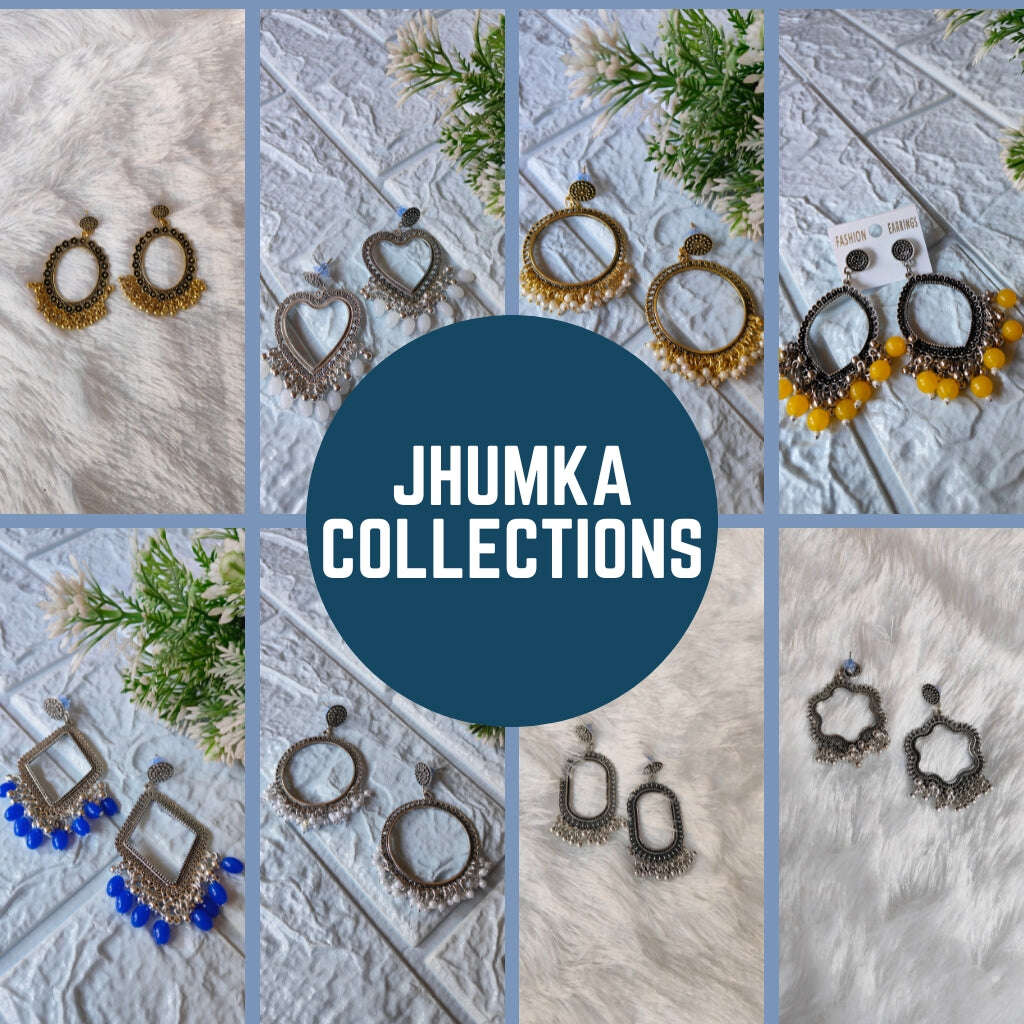 Traditional jhumka collection featuring various elegant earring designs in different colors and styles