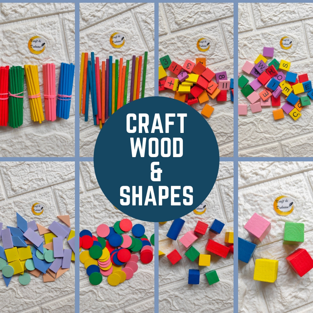 Colorful assortment of craft wood shapes for DIY projects including various sizes and designs