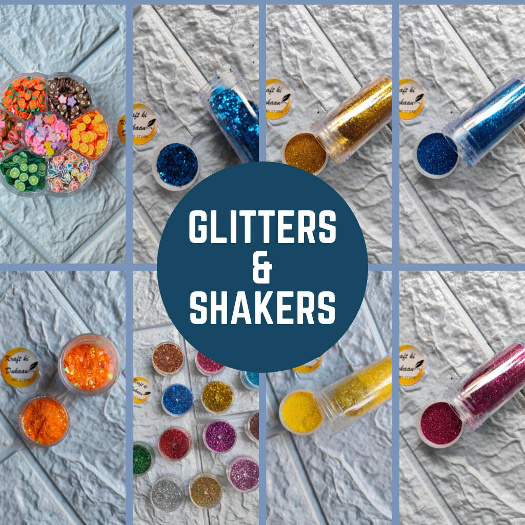 Vibrant collection of craft glitters and shakers in various colors and sizes for creative projects