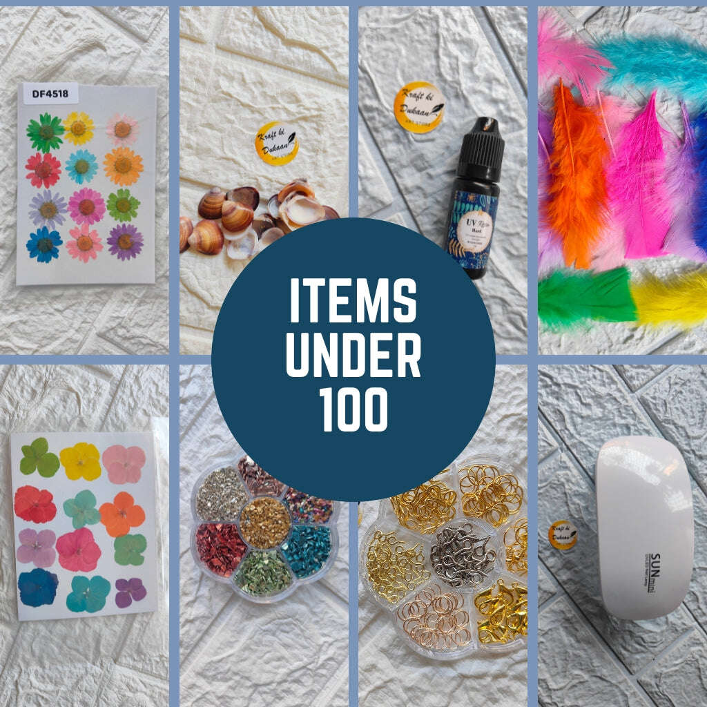Variety of craft items under 100 rupees including stickers, feathers, and embellishments for creative projects