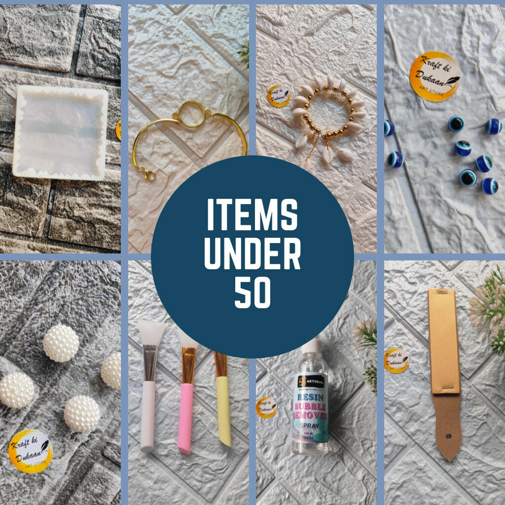 Collage of various items showcasing art supplies under 50 including tools and decorative accessories