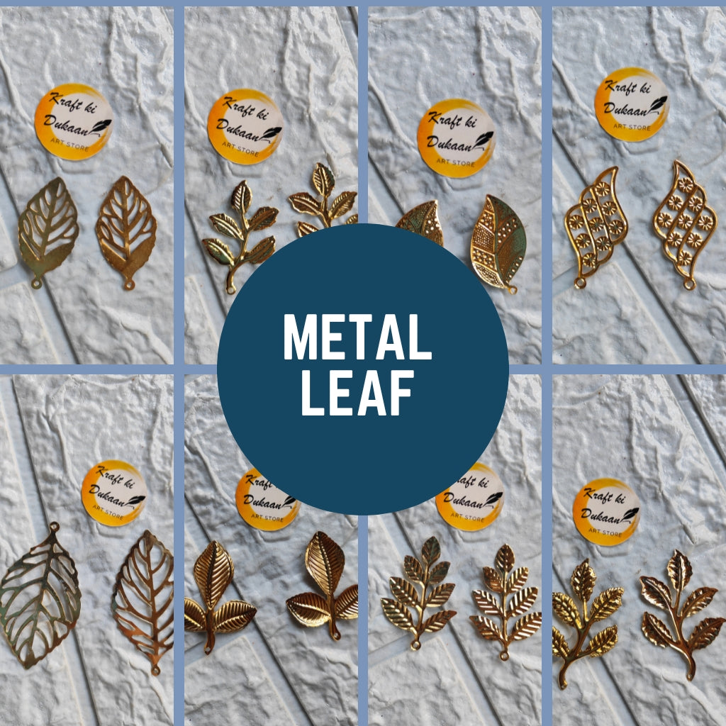 Collection of craft metal leaf embellishments in various designs and shapes for DIY projects