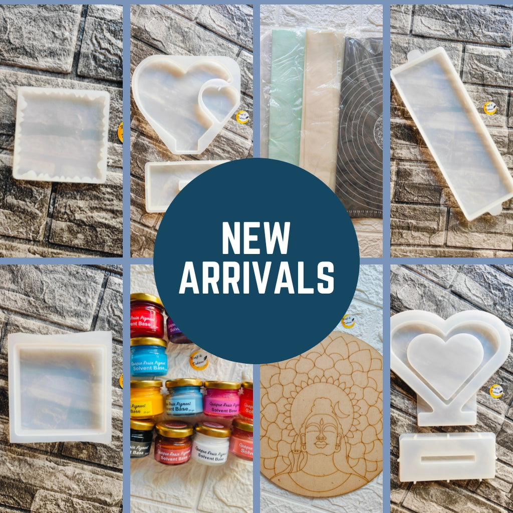 New art and craft products displayed, including molds, tools, and colorful paint pots for creative projects