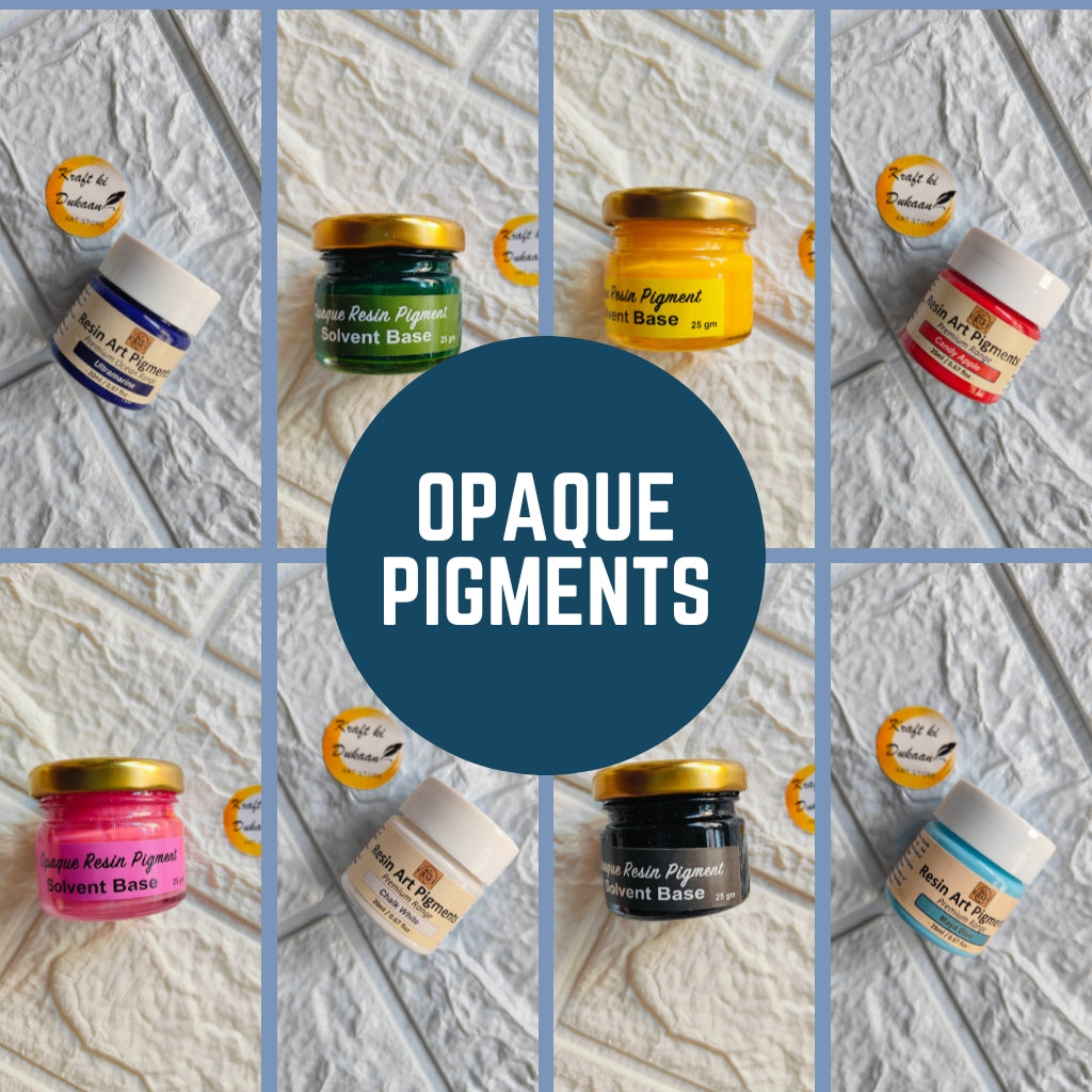 Collection of vibrant opaque pigments for resin art in various colors and jars on a textured background
