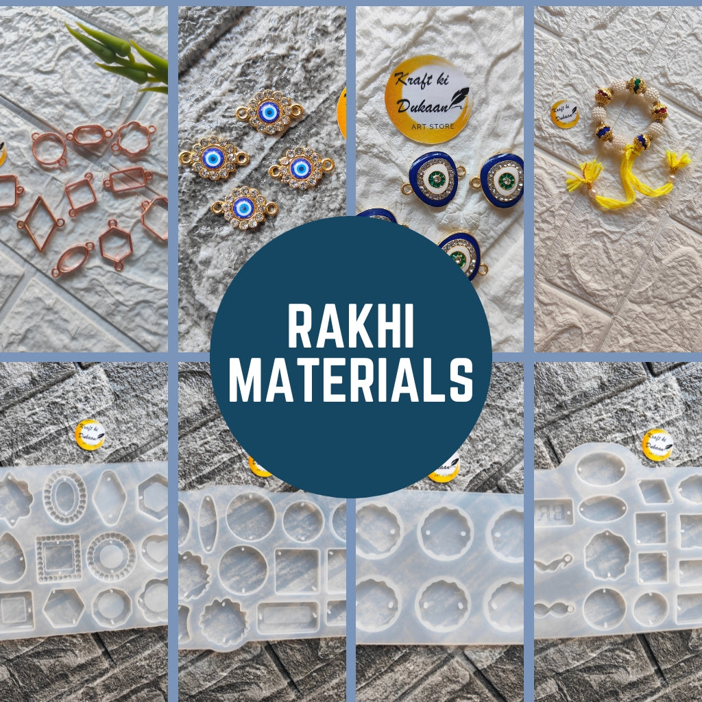Collection of Custom Rakhi Making Supplies including molds, beads, and embellishments for crafting unique Rakhis