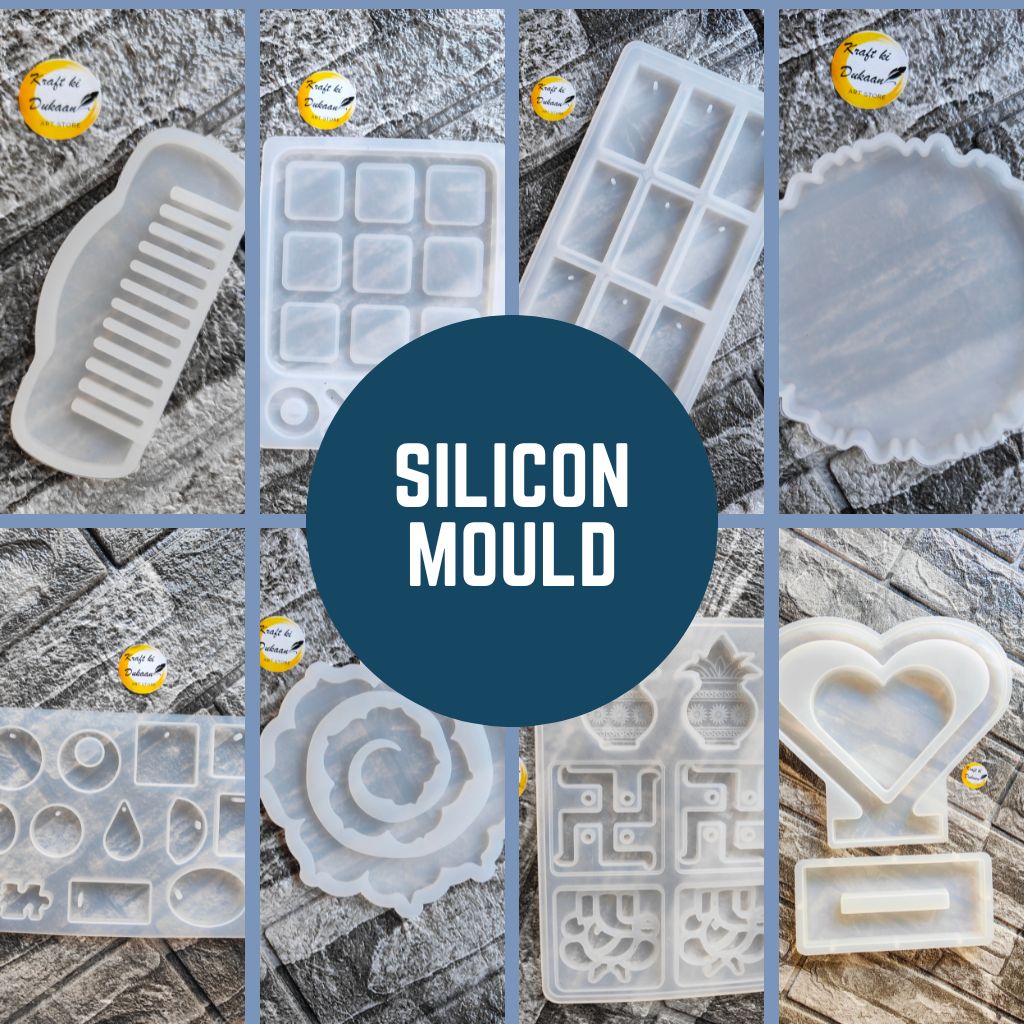 Collection of various silicon moulds for resin art displayed on a textured wooden background