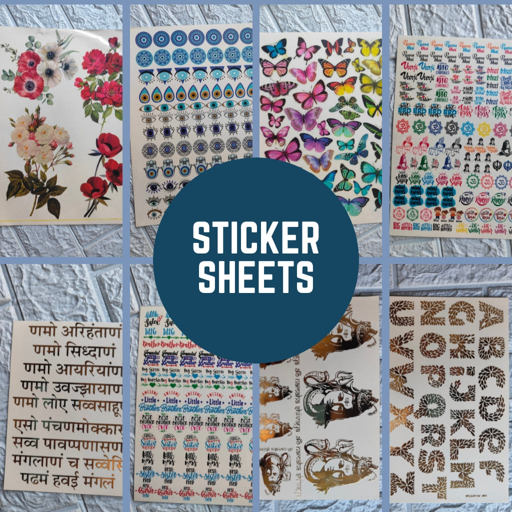 Colorful artistic sticker collections featuring floral designs, butterflies, and decorative typography