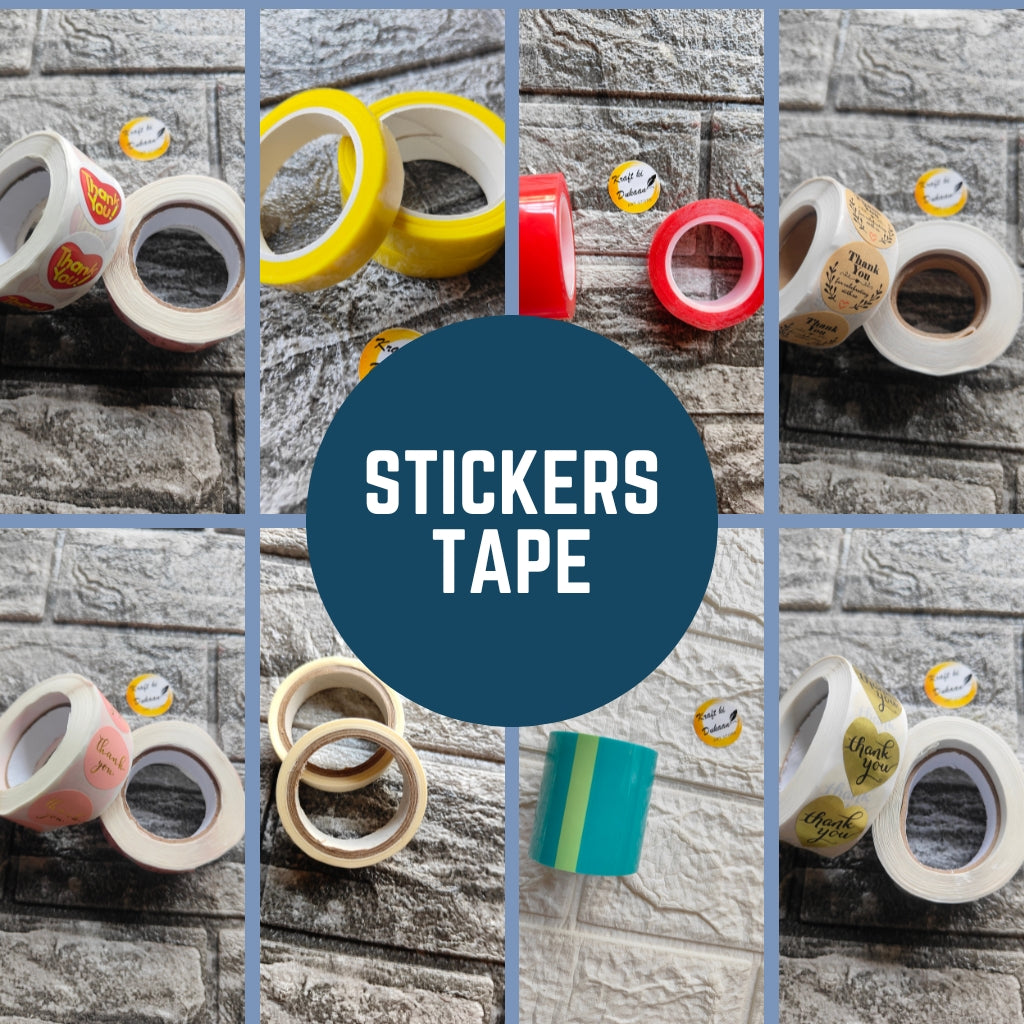 Various colorful and patterned rolls of stickers tape displayed on a gray brick background to buy stickers tape online