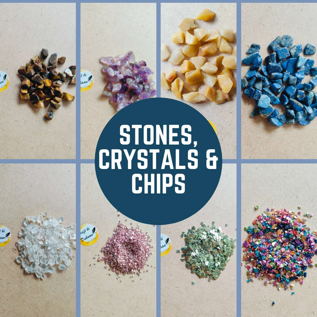 Colorful collection of resin art stones including various crystals and chips for creative projects