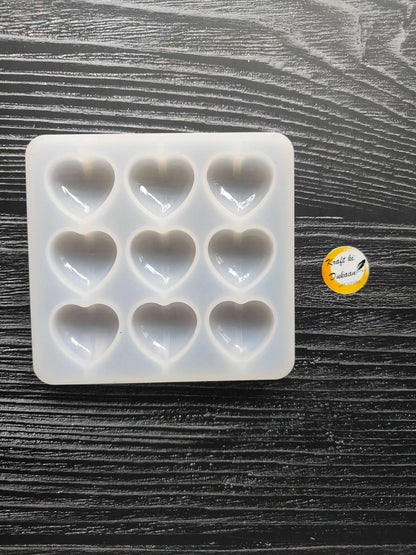 9-Hole heart mould, square silicone tray with 9 heart cavities