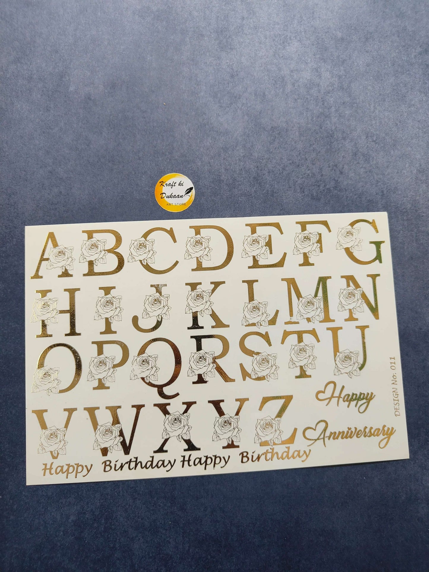 A5 gold embossed sticker sheet with alphabet, roses and “Happy Birthday” text