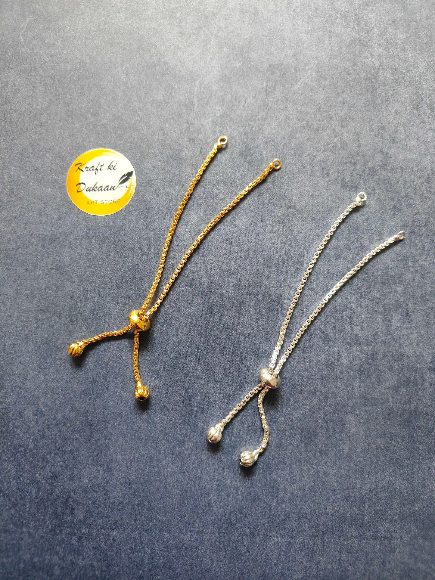 Bracelet chain set—golden and silver cuff chains with three small bead dangles