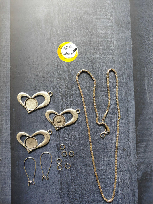 Antique heart earring necklace set with gold-tone chain and three heart charms