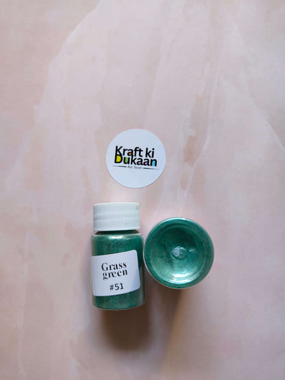 MICA powder jar, grass green (#51), with open lid showing powder