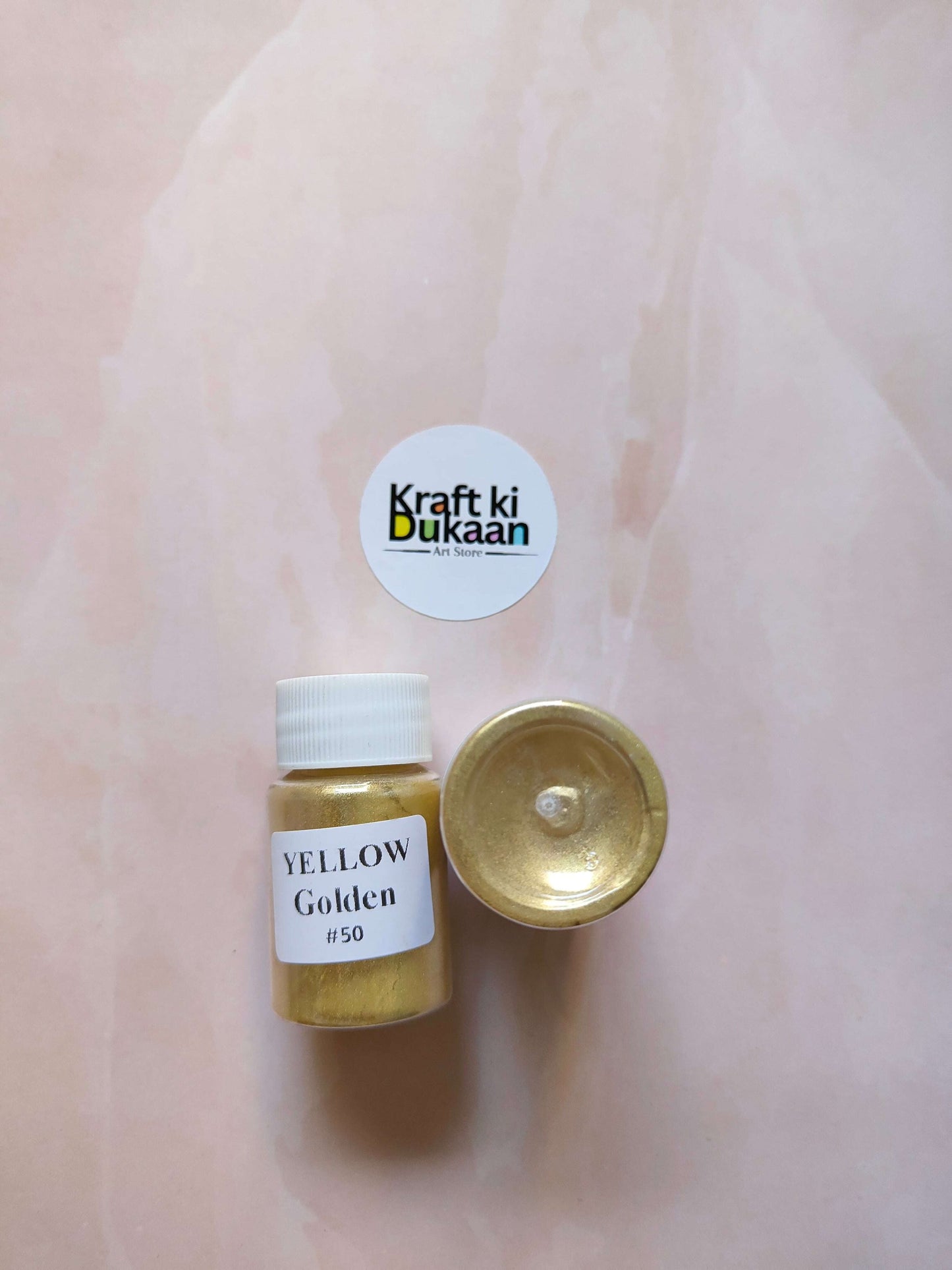MICA powder jar, yellow golden (#50), with open lid showing glittery powder