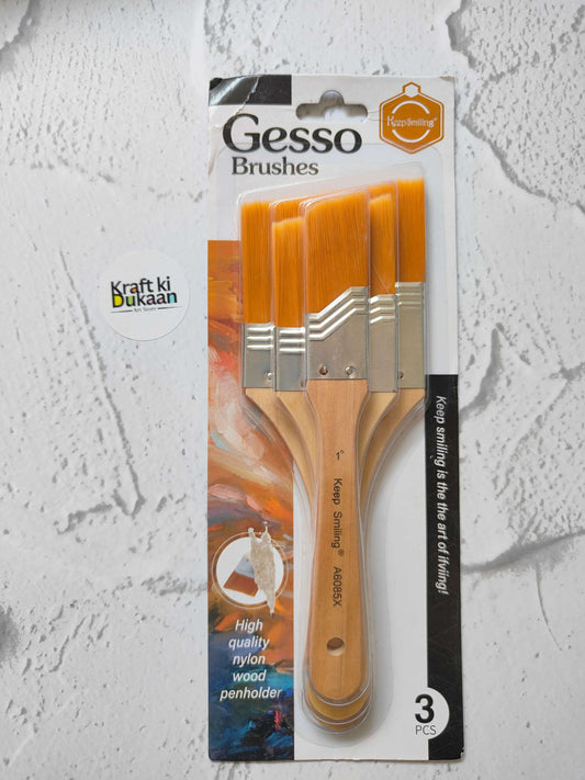 Gesso 3PC brush set with wooden penholder handles and orange nylon bristles (3 pcs)