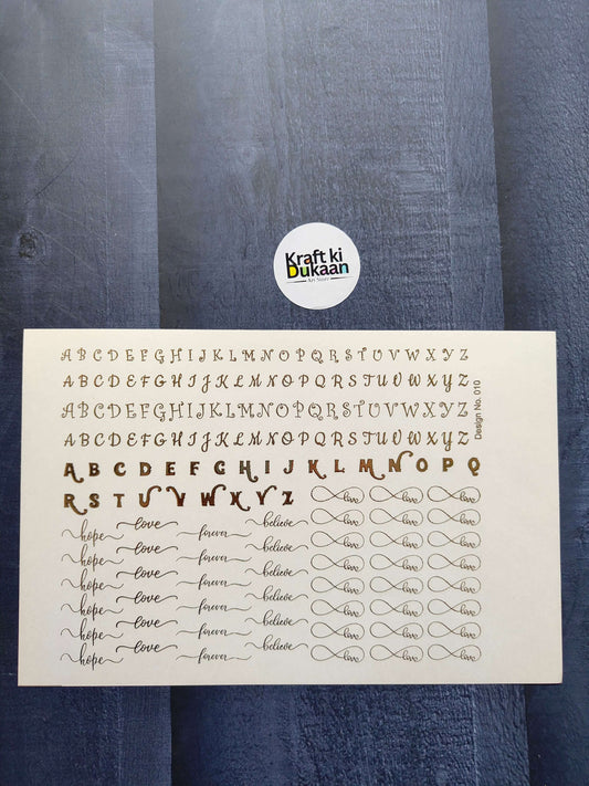 A5 gold embossed sticker sheet with alphabet, “love” script, and heart outlines