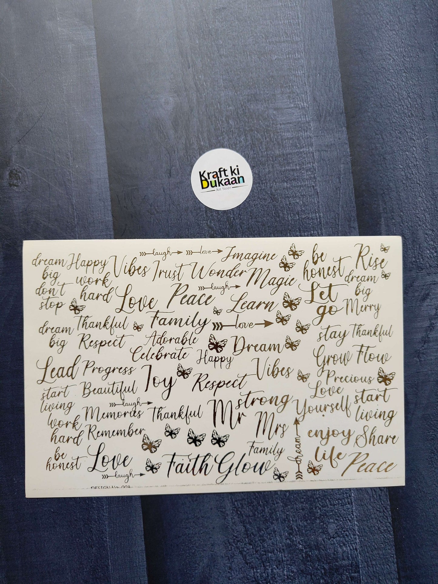 A5 gold embossed sticker sheet with inspirational word art and butterfly motifs