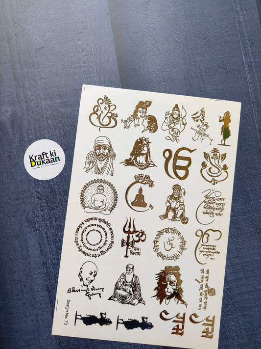 A5 gold embossed sticker sheet with ornate deity and symbol icons
