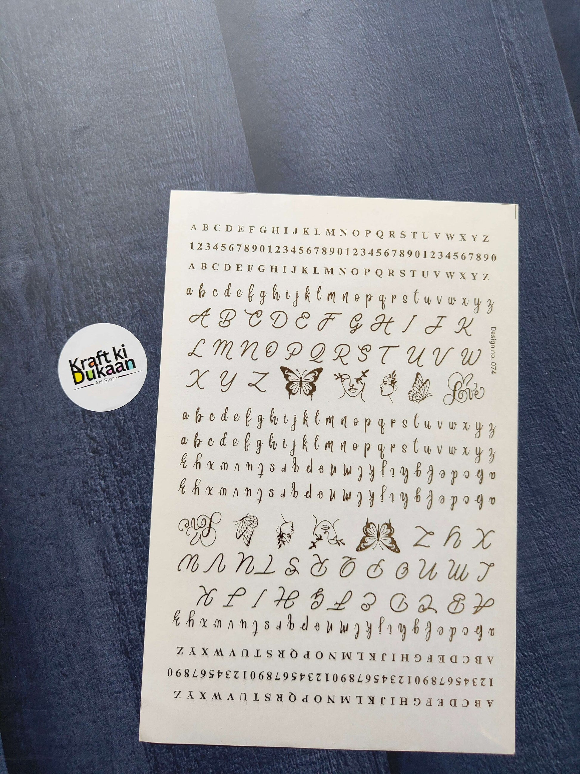 A5 gold embossed sticker sheet with alphabet, numbers and floral/bug icons