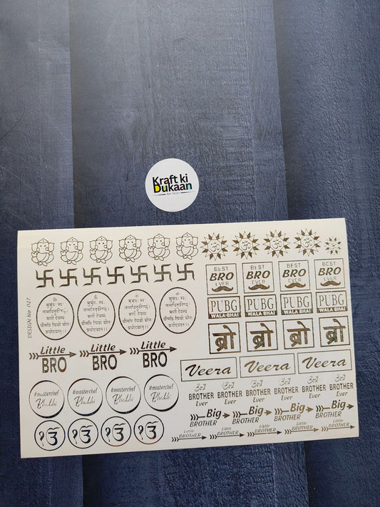 A5 Gold Embossed Sticker Sheet with cartoon icons and phrases like BRO, PUBG, Veera