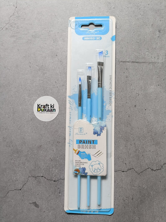 Paint brush set with three brushes, blue handles in blister pack