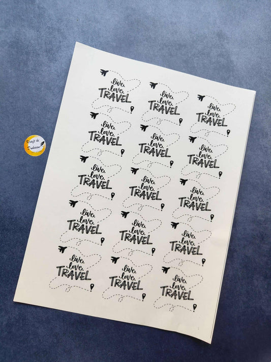 A4 sticker sheet with black “Travel” text and dotted life-love travel icons