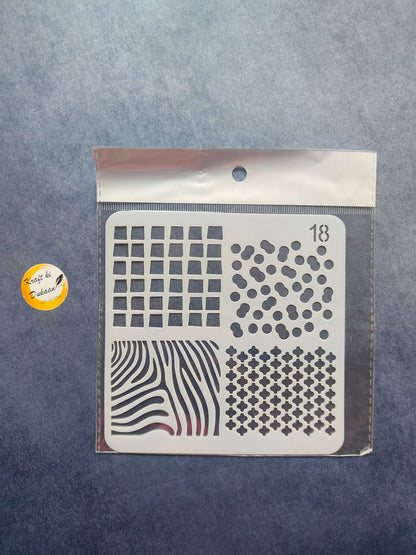 Stencil S18 with grid squares, dot clusters, and zigzag stripe cutout pattern
