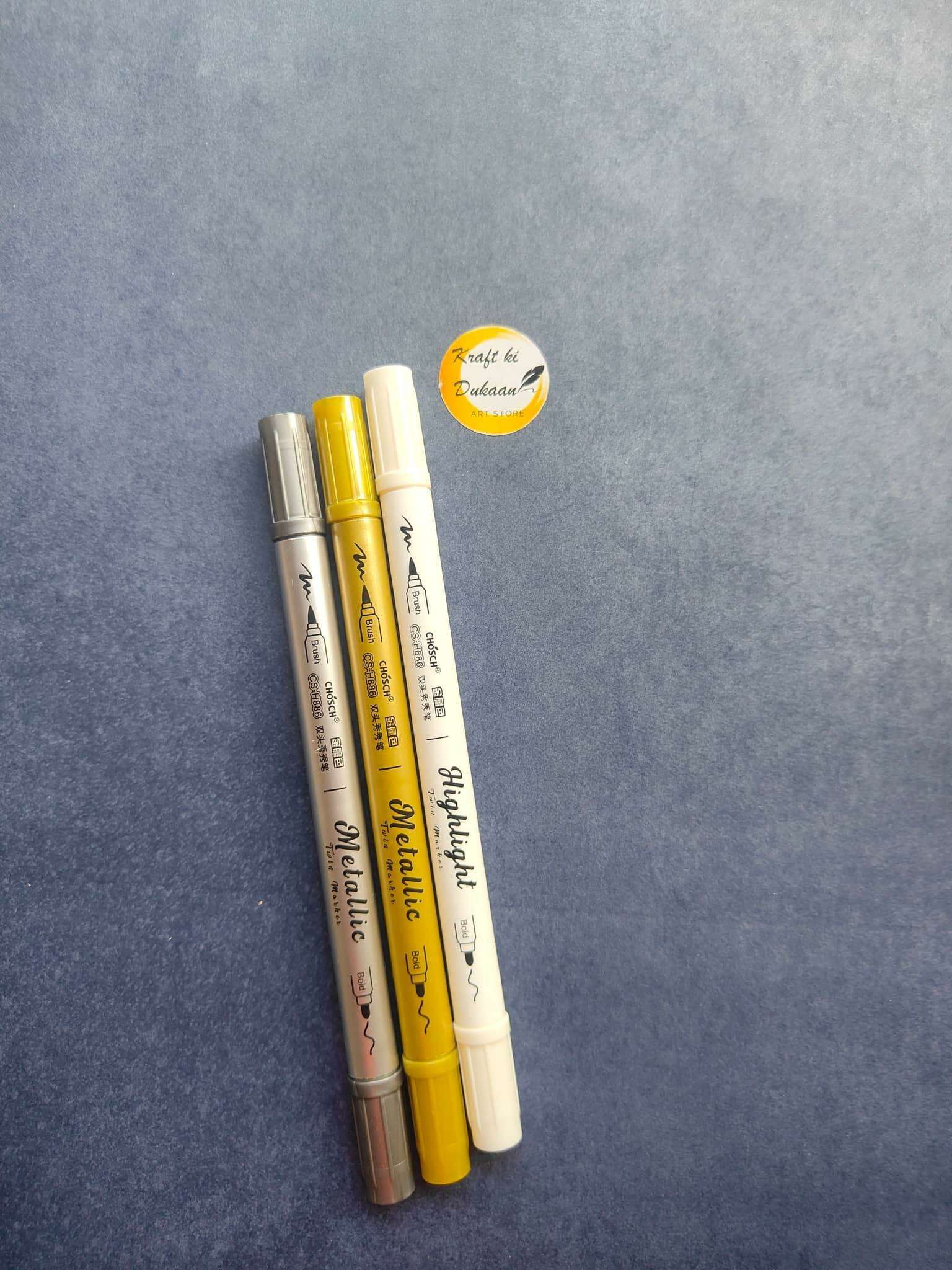 Metallic double-sided twin-tip markers set: silver, gold, and white pens