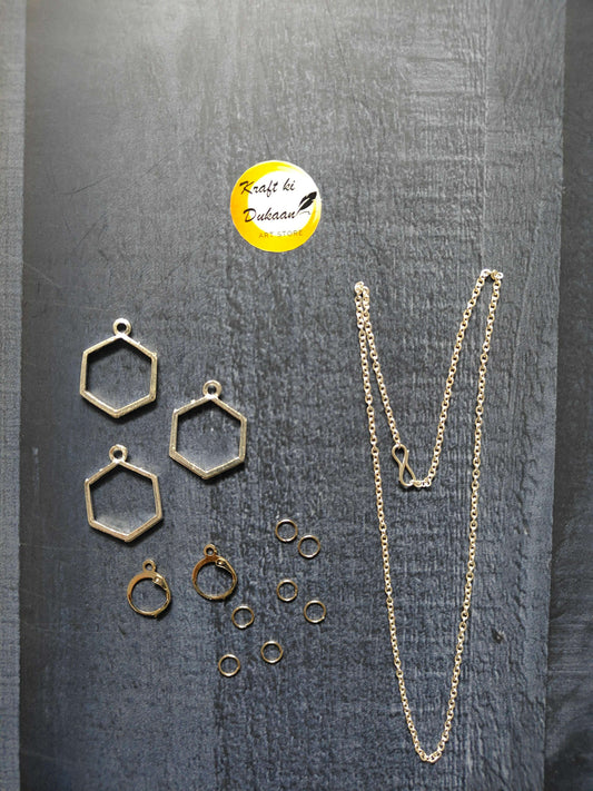 Hexagon earring and necklace set: gold-tone hexagon dangles, small hoops, and long chain necklace
