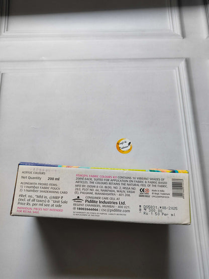 Fevicryl fabric colours kit back label: acrylic colours, 200 ml net quantity