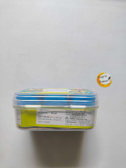 Fabric colours storage jar with yellow contents, clear lid, and back label text