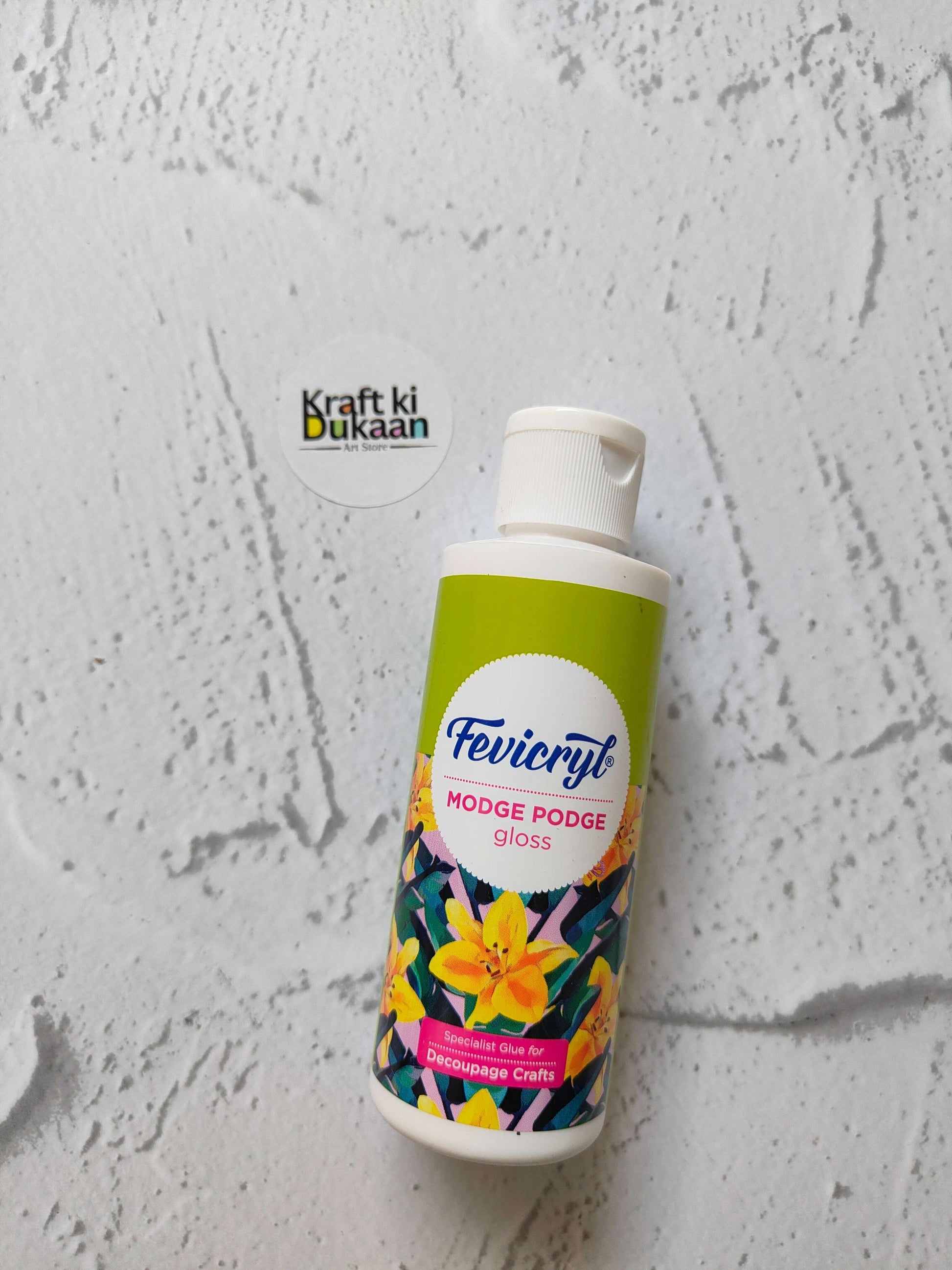 Fevicryl Modge Podge Gloss 120ML bottle with floral label